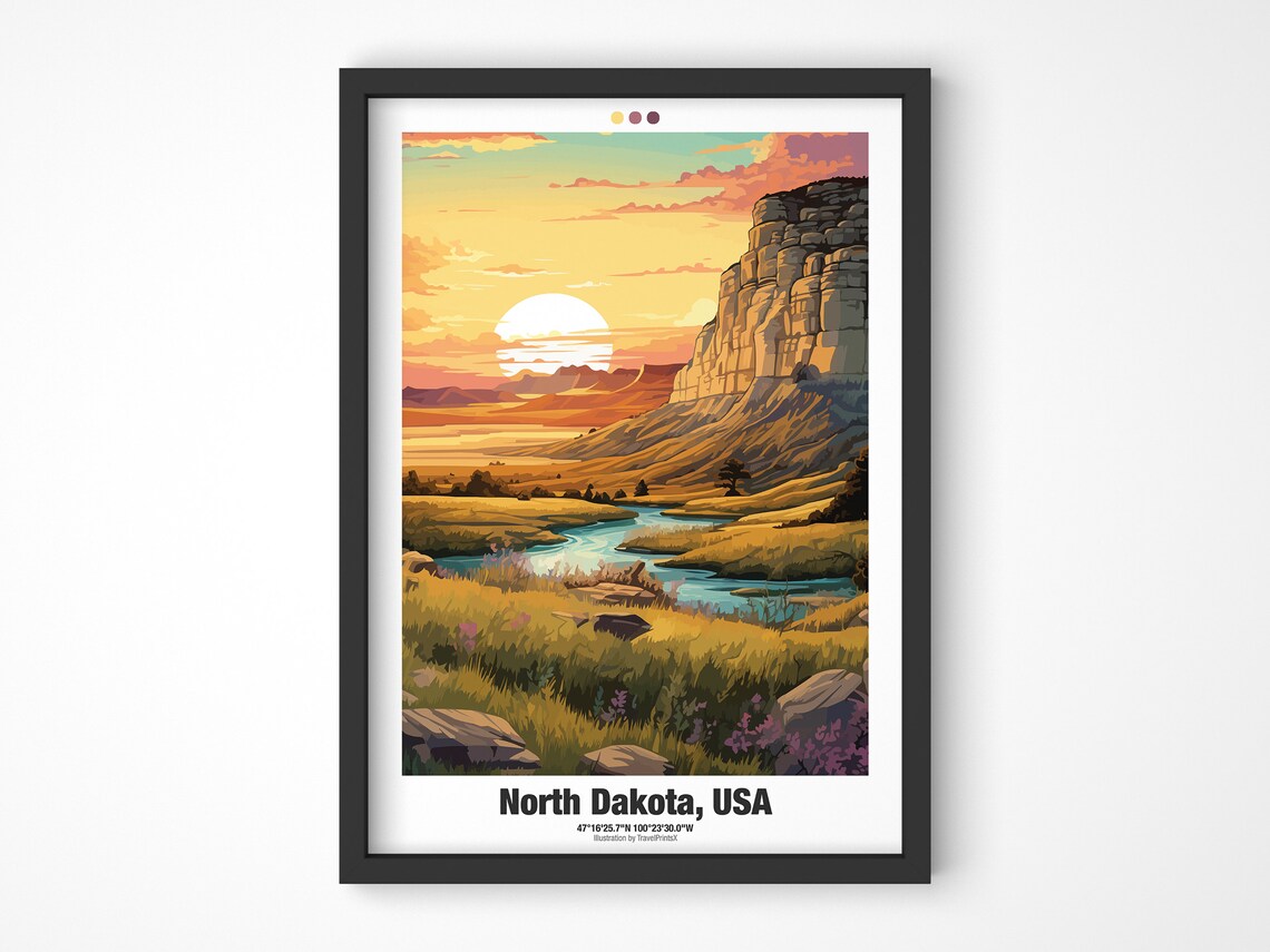 North Dakota Sunrise River Valley Cliff Nature Travel Poster - Image 4