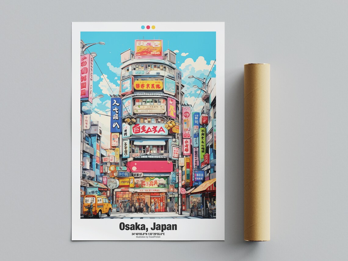 Osaka Japan Neon Sign City Building Anime Style Travel Poster