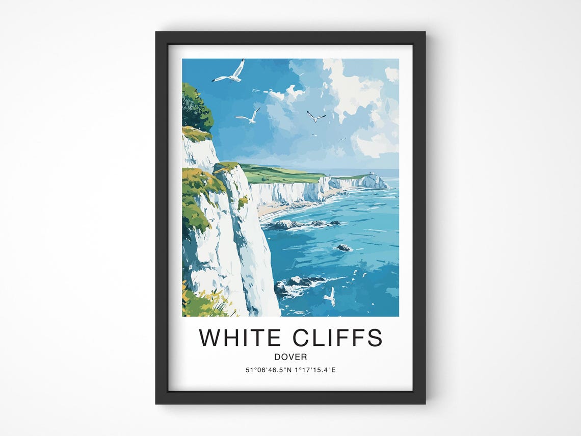 White Cliffs Dover England Poster Seagulls Coast Ocean Waves Artwork