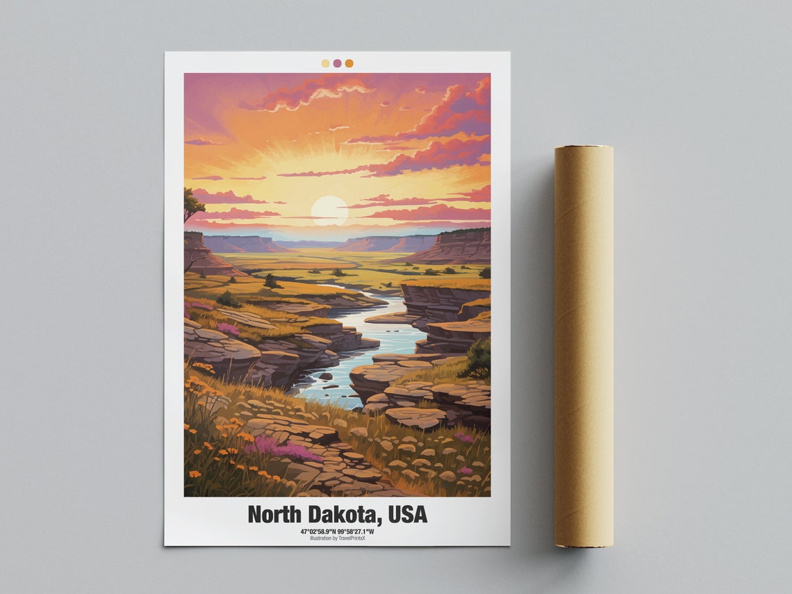 North Dakota USA Poster Sunset River Valley Buttes Prairie Artwork - Image 4