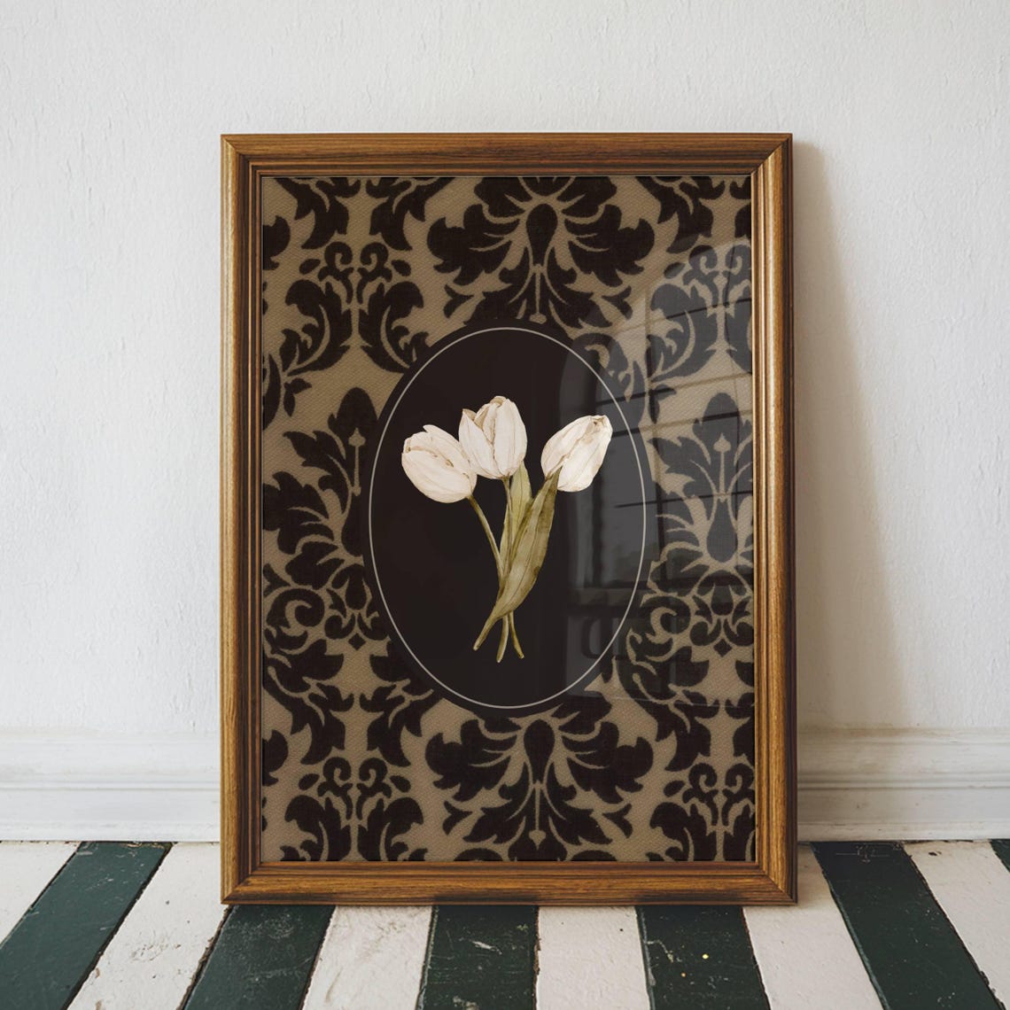 White Tulips In Oval Medallion Set On Dark Damask Floral Poster