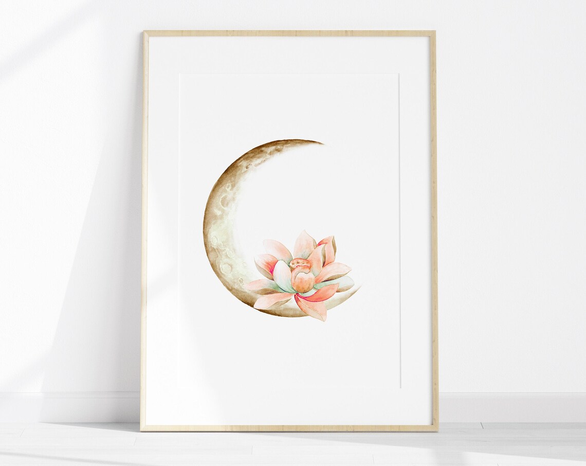Crescent Moon and Pink Lotus Watercolor Celestial Botanical Poster - Image 3