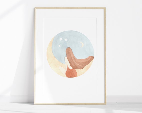 Boho Feminine Art Abstract Woman Print Girl On The Moon Watercolor Celestial Boho Wall Decor Stay Wild Moon Child Poster