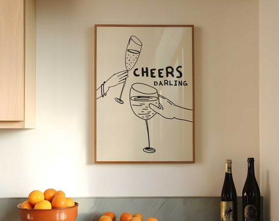 Bar Cart Print Cheers Print Trendy Bar Cart Decor Retro Kitchen Wall Art Vintage Drinks Print Bar Cart Poster Wall Art