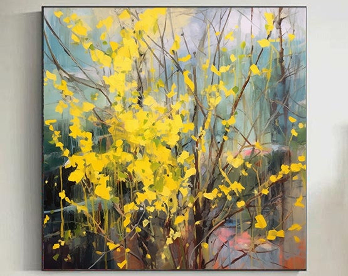 Yellow Forsythia Blossoms In My Garden Yellow Flowers Abstract Painting Yellow Hand Painted Wall Art Botanical Art Flower Painting On