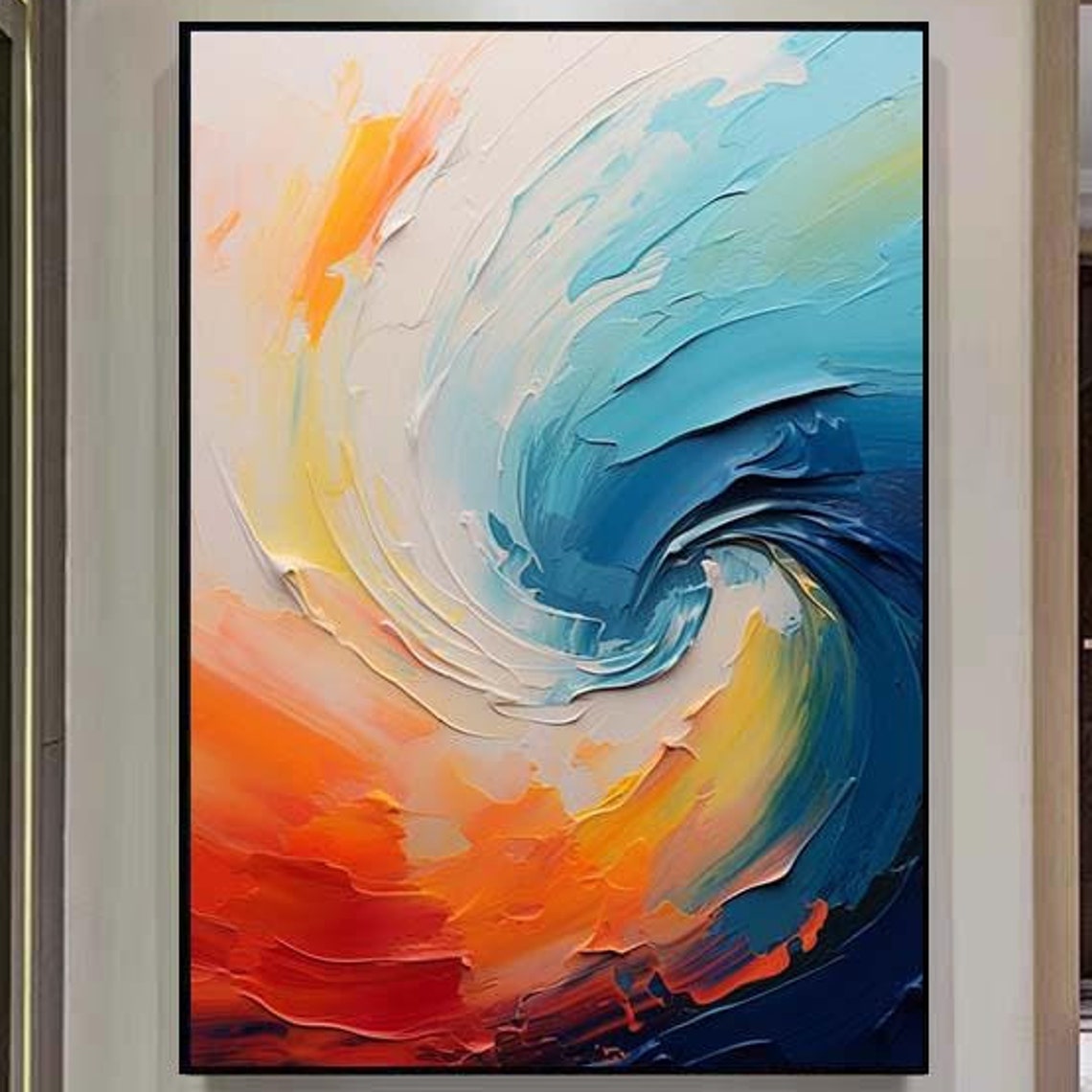 Swirling Ocean Wave Blue Orange Abstract Modern Painting Poster