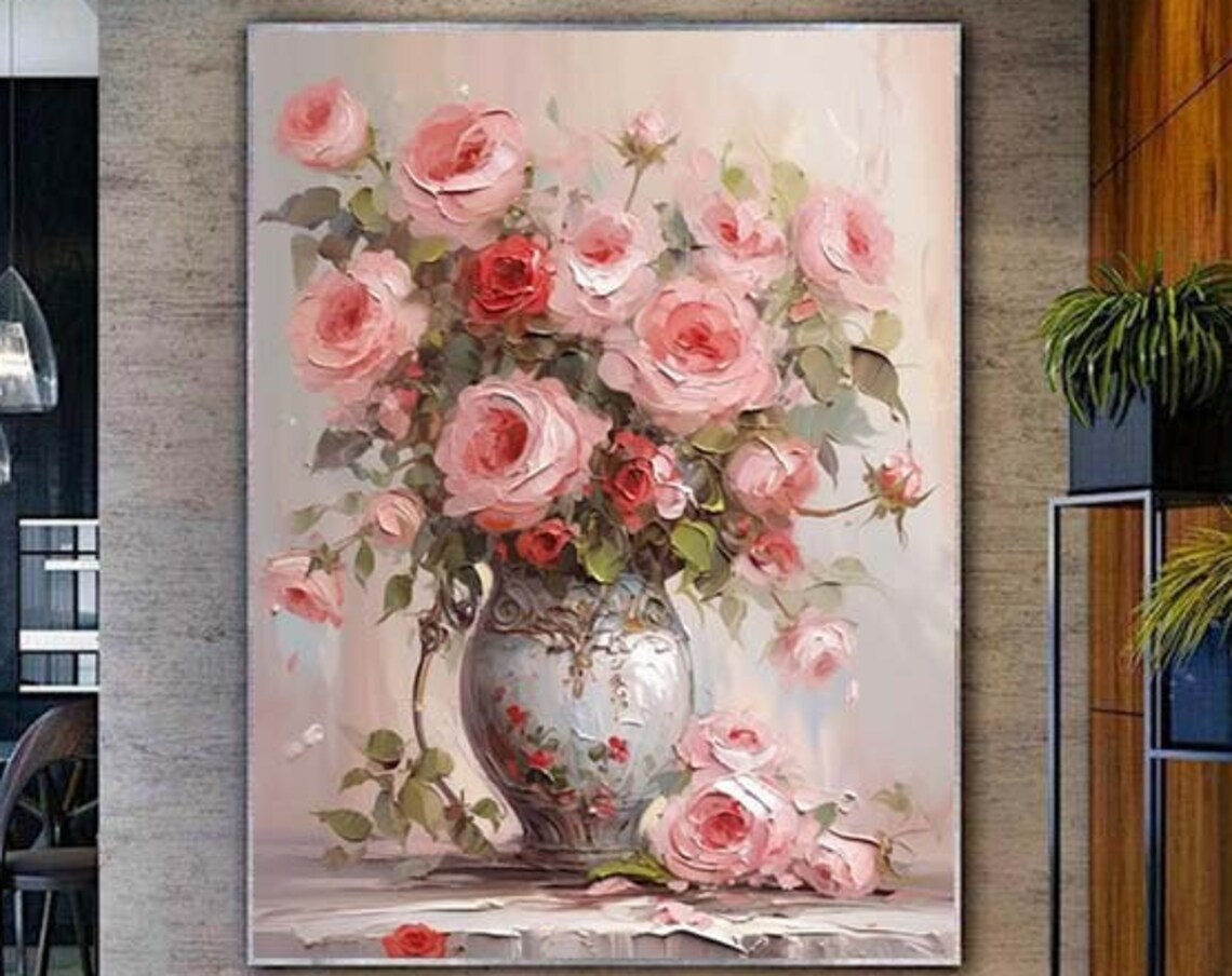 Pink Roses Bouquet in Vintage Vase Oil Painting Floral Poster