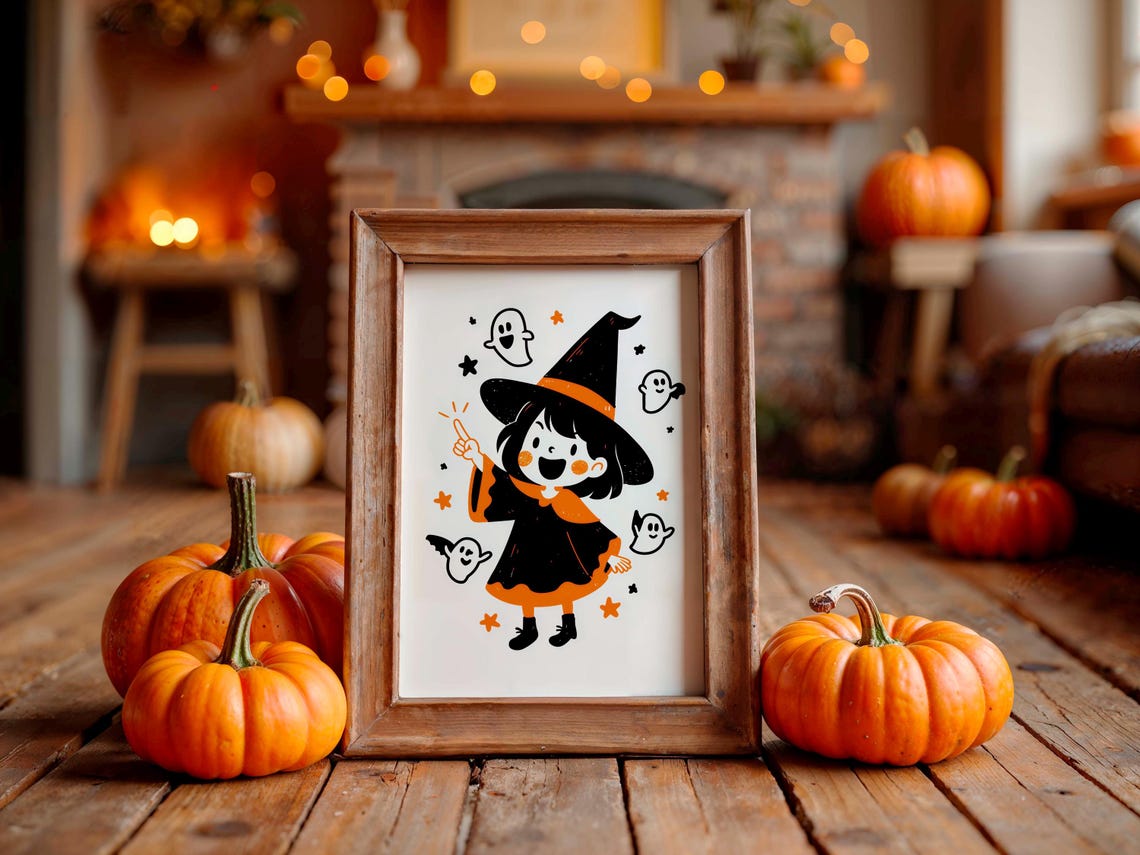 Cute Little Witch Girl Halloween Poster With Ghosts And Stars On White