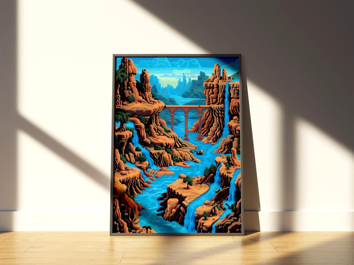 Retro Pixel Canyon Poster 90s Video Game Style River Bridge Art