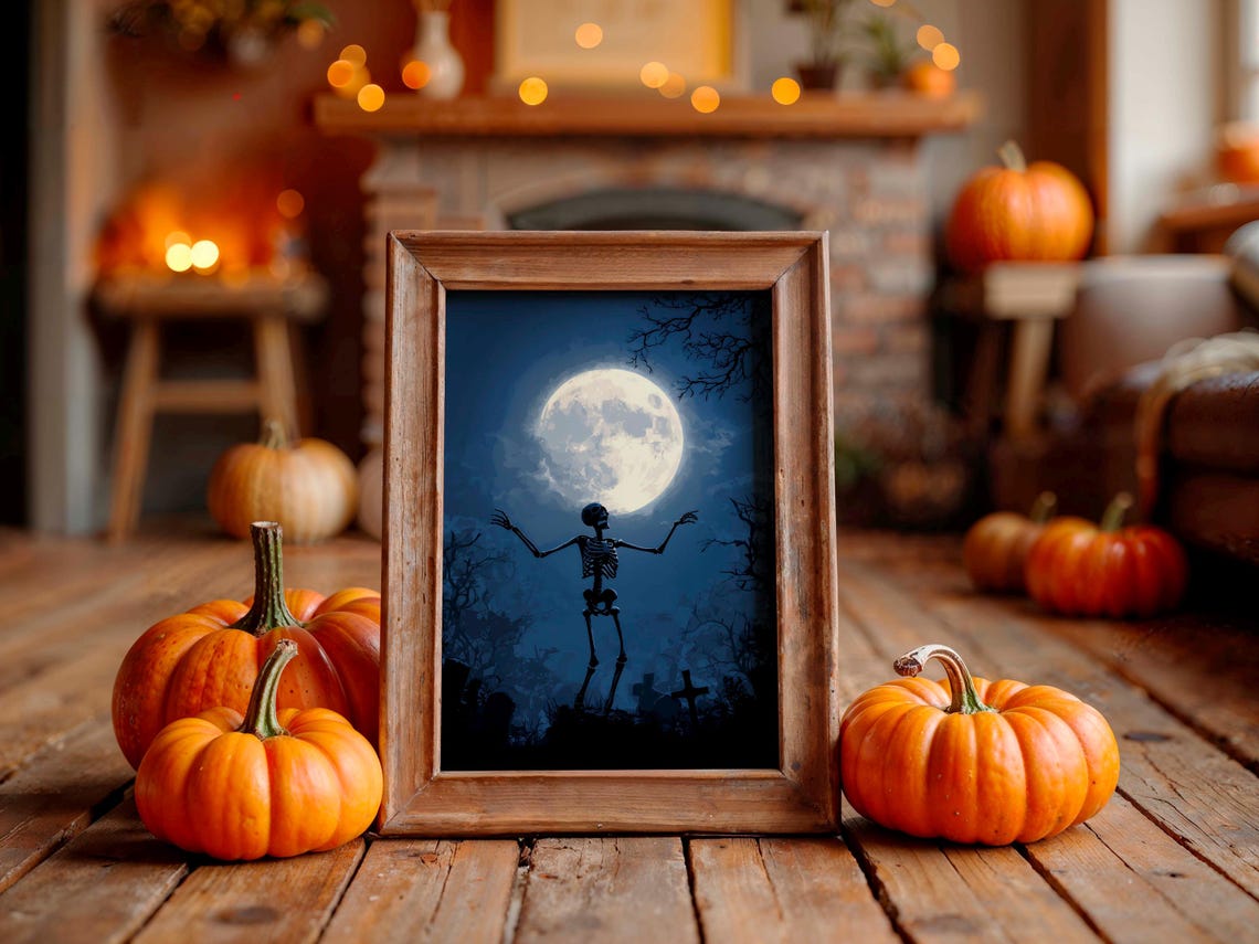 Dancing Skeleton Halloween Poster Under Full Moon In Moonlit Graveyard