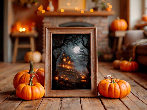 Moonlit Haunted Mansion Hill Glowing Jackolanterns Halloween Poster