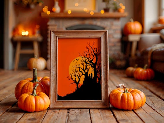 Dead Trees Halloween Poster Black Silhouettes Against Orange Moon Sky