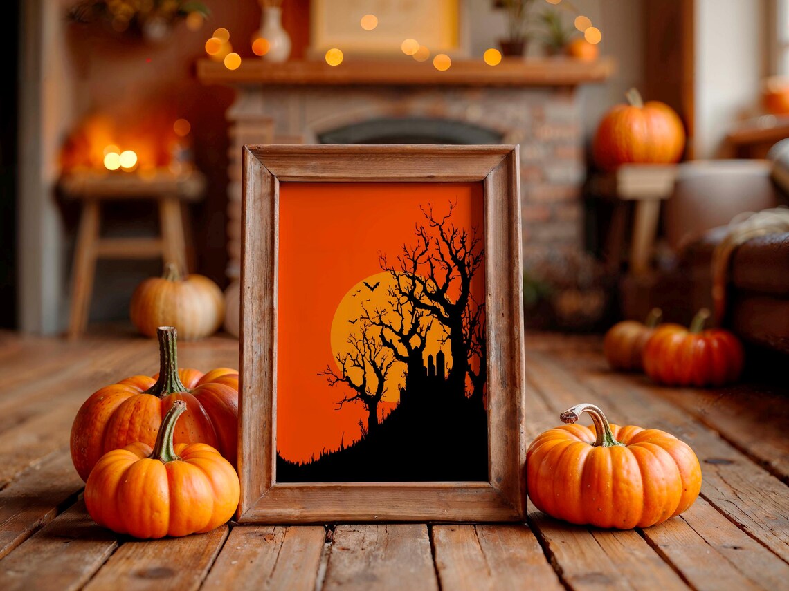 Haunted House On Hill Orange Sky Bats Spooky Silhouette Poster