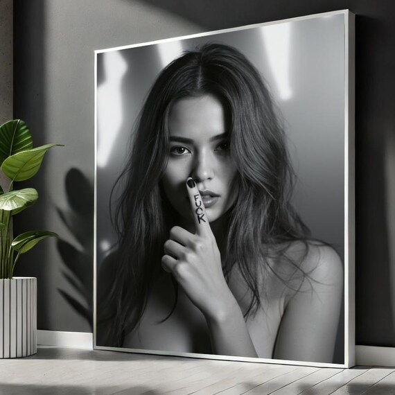 Black and White Woman Shush Finger Tattoo Portrait Edgy Modern Art Poster