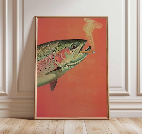 Smoking Fish Poster Print, Quirky Angler Decor