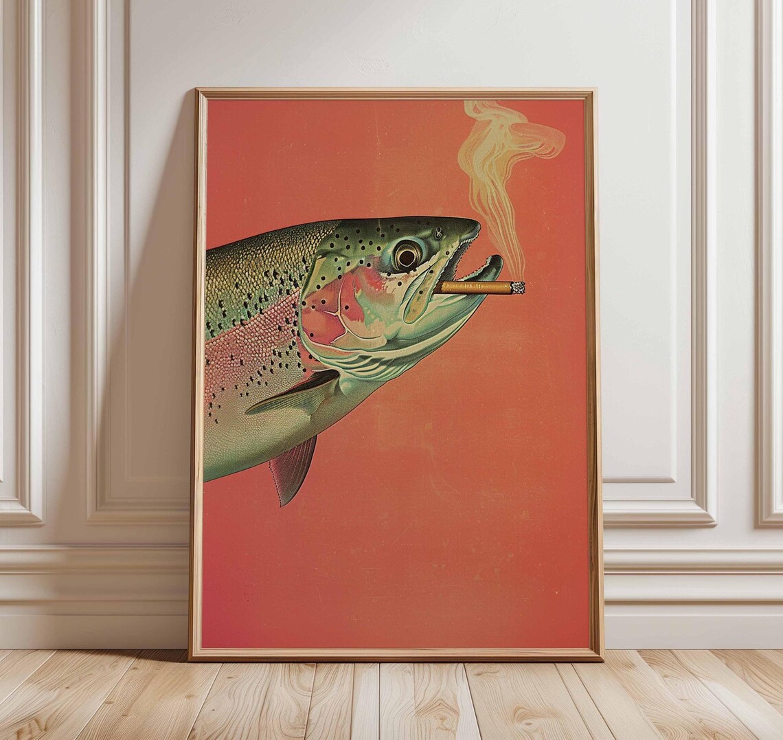Smoking Fish Poster Print, Quirky Angler Decor