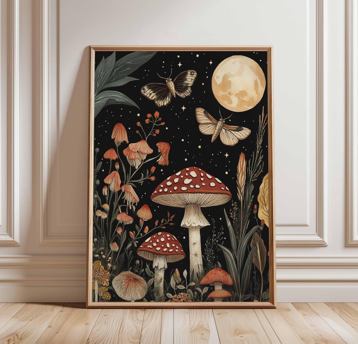 Mushroom and Butterfly, Celestial Boho Vintage Art Print