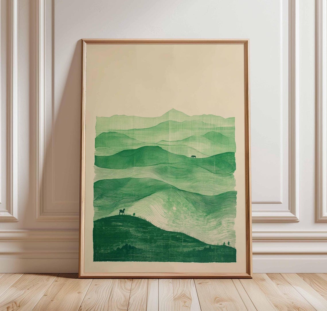 Minimalist Green Rolling Hills Woodcut Landscape Nature Art Poster