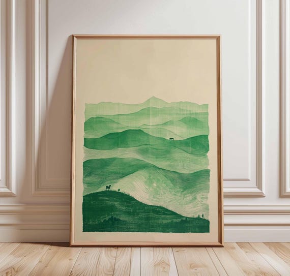 Green Mountain Landscape Art Print Minimalist Nature Poster Abstract Scenery Hills Wall Tranquil Decor