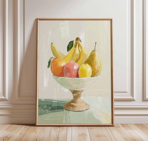 Colorful Fruit Bowl Wall Art Vintage Still Life Poster With Bananas And Citrus Retro Kitchen Decor Print