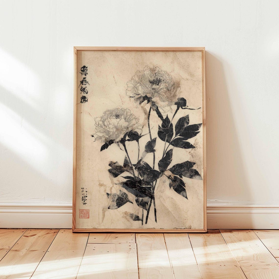 Ink Peony Blossoms Japanese Sumi E Style Antique Botanical Art Print