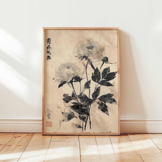Vintage Chinese Floral Wall Art Ink Peony Botanical Print Minimalist Asian Flower Poster Wabi Sabi Home Decor Ukiyoe Style