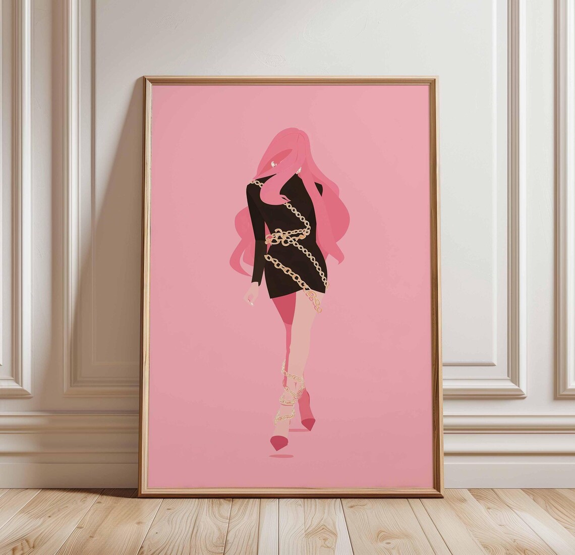 Fashion Girl Pink Hair Black Dress Gold Chain Bold Pop Art Poster