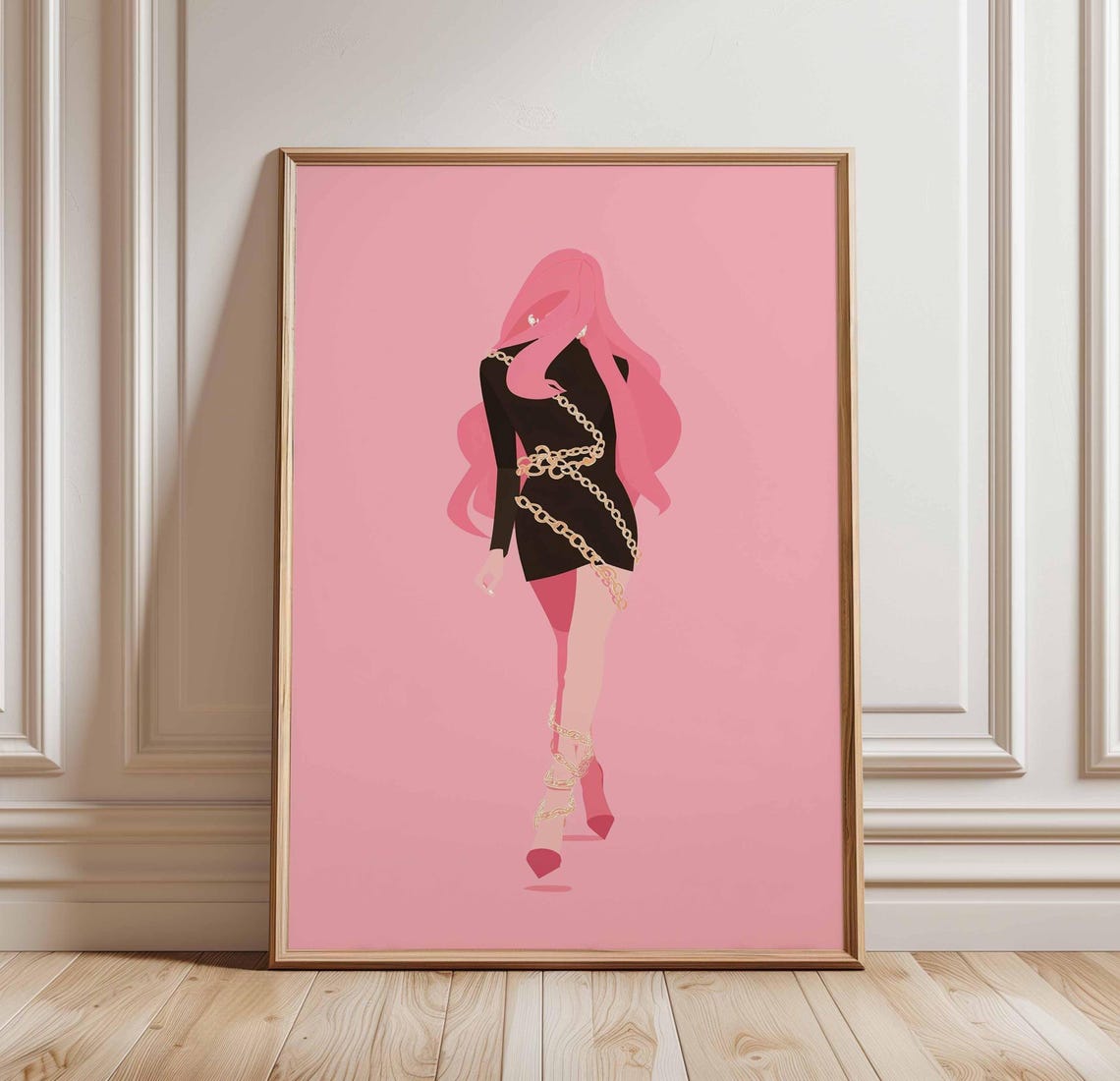 Fashion Girl Wall Art Poster Pink Hair Black Dress Print Stylish Unframed Pop Style Decor Bold Feminine Artwork For Bedroom Or Office