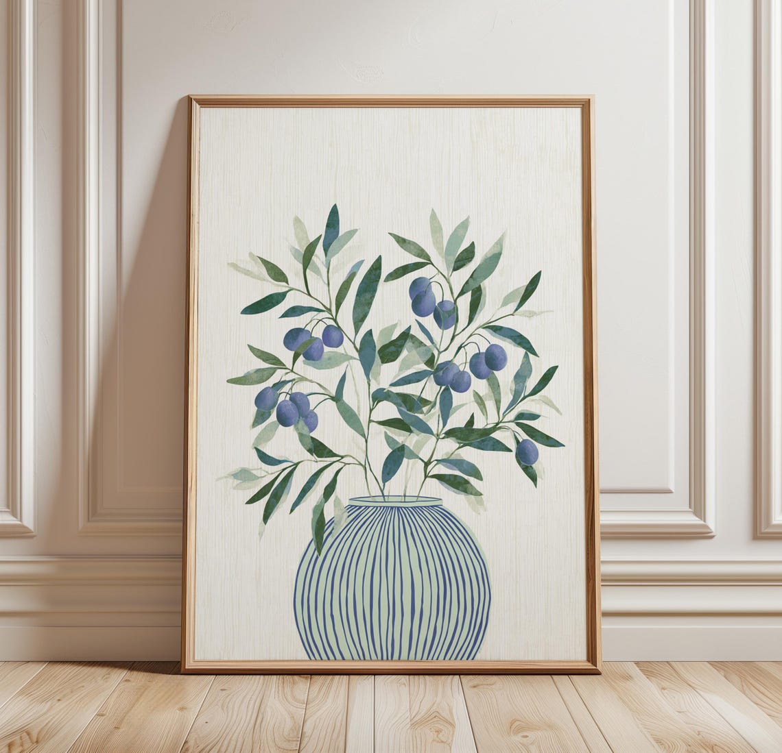 Blue Olive Branches Ceramic Vase Watercolor Botanical Art Print