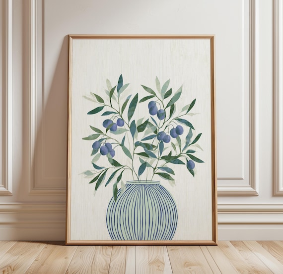Blue Olive Branches Ceramic Vase Watercolor Botanical Art Print