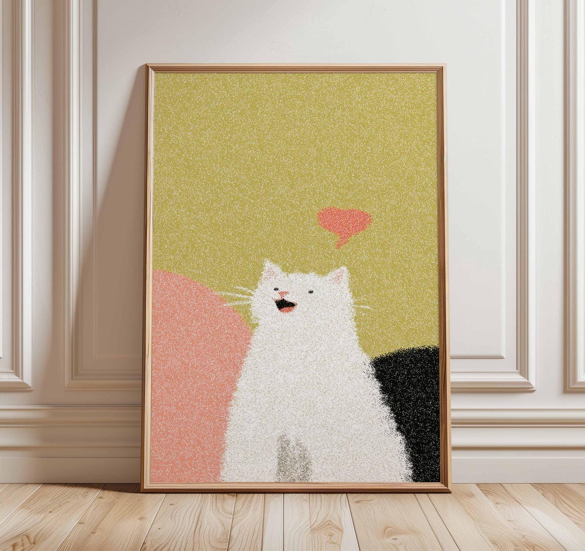 Happy White Cat with Red Heart Pointillism Modern Kitty Art Wall Print