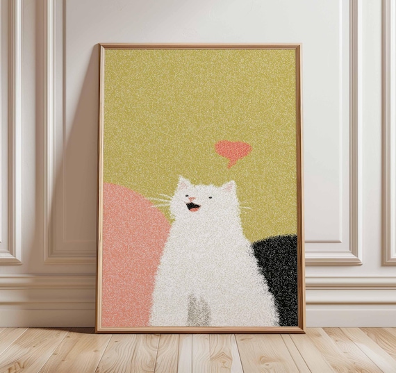 Cute Cat Poster White Kitty Wall Art Minimalist Animal Print Quirky Artwork With Heart Fun Pet Lover Home Decor