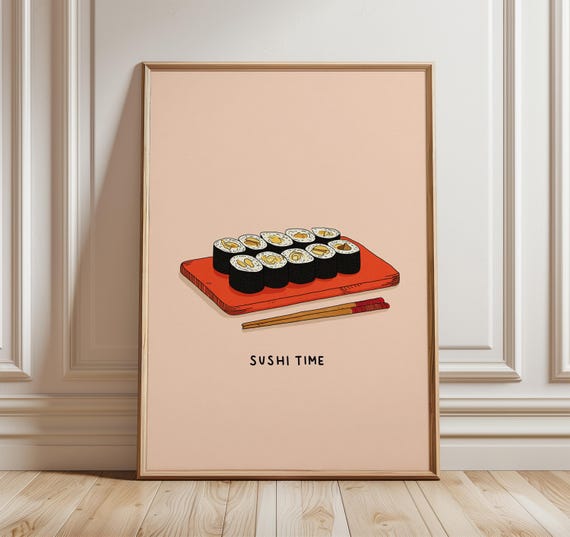 Sushi Kitchen Poster Minimalist Japanese Food Wall Art Modern Roll Print Salmon Nigiri Illustration Asian Cuisine Decor Artwork