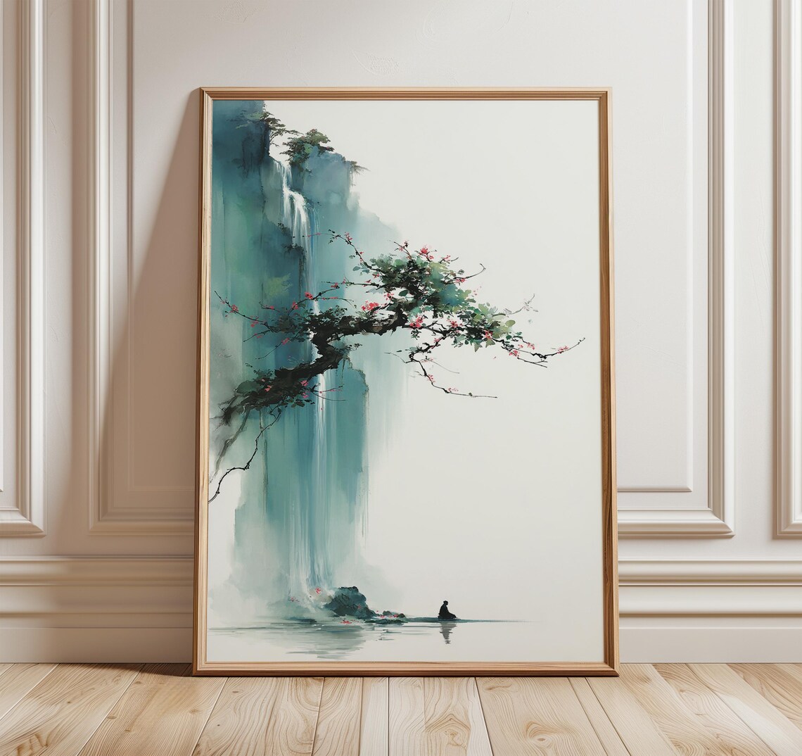 Waterfall Landscape Minimalist Japanese Wall Art Print