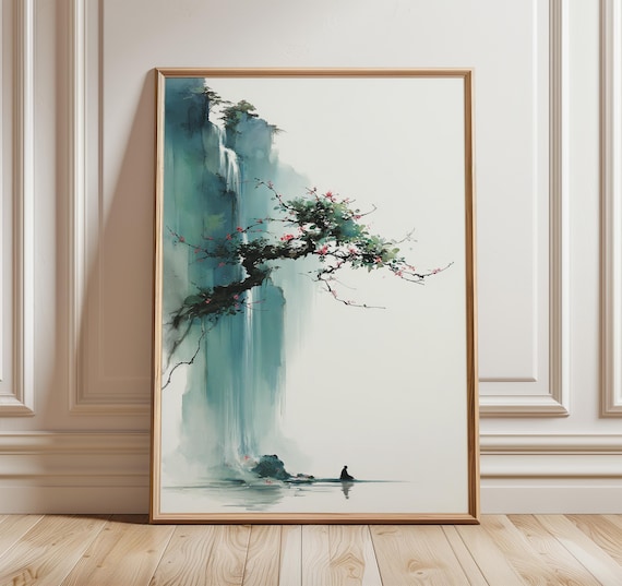 Waterfall Landscape Minimalist Japanese Wall Art Print