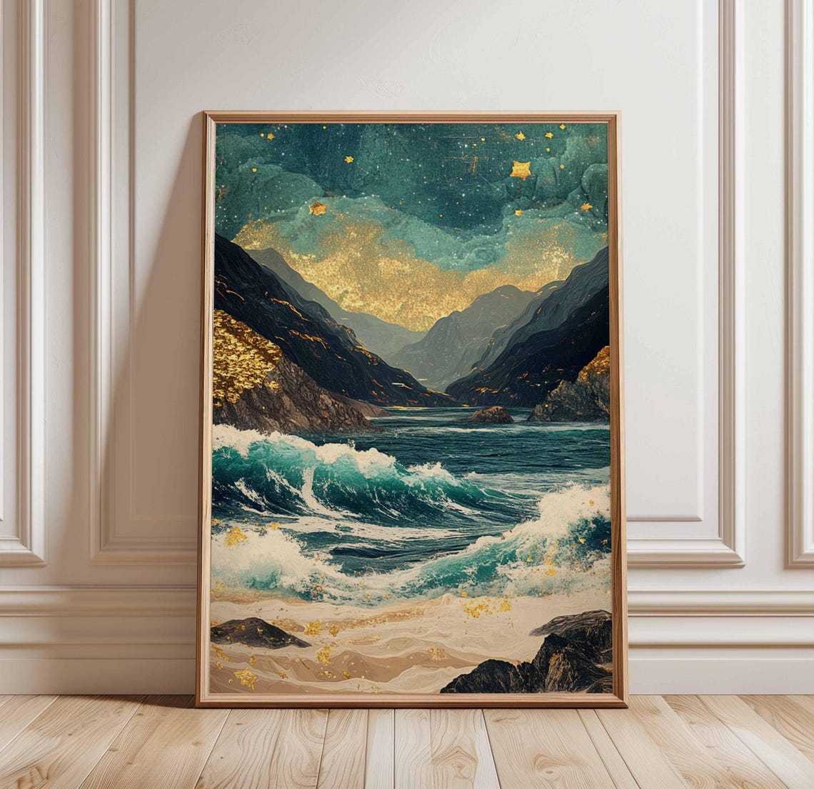 Gold Leaf Seascape With Crashing Teal Waves Coastal Art Poster
