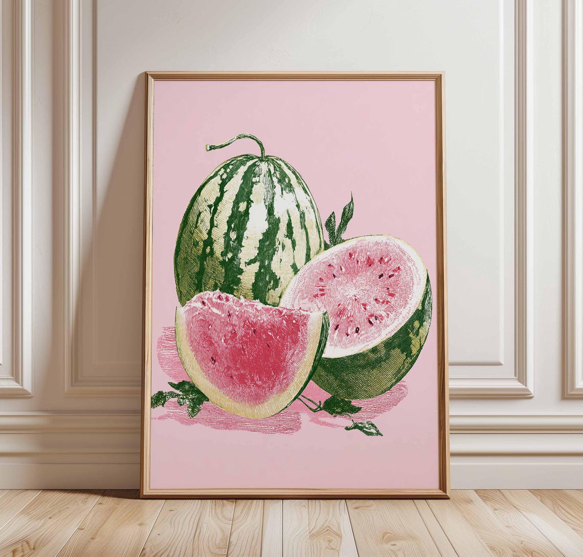 Vintage Watermelon Botanical Illustration on Pink Retro Kitchen Poster