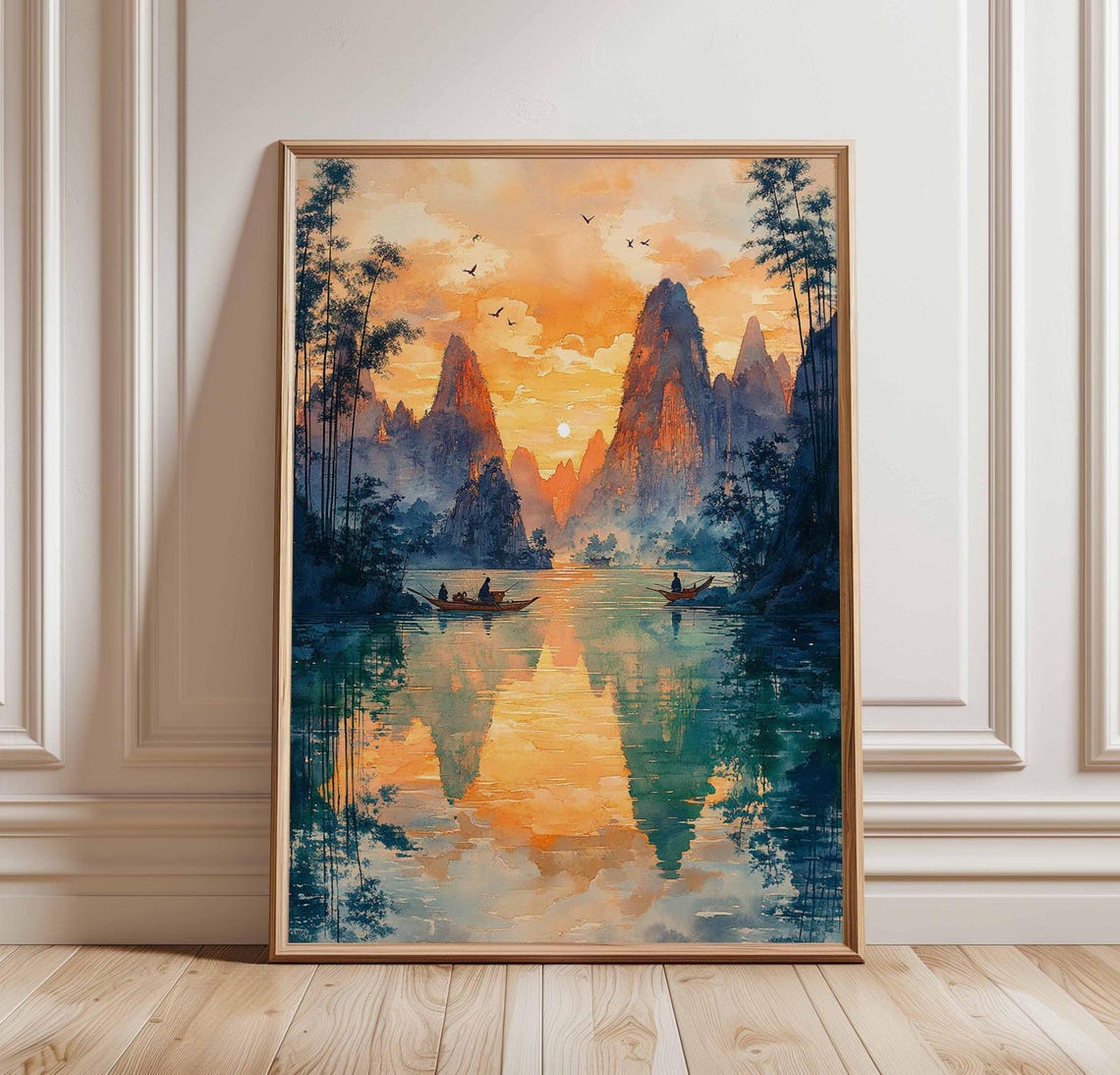 Chinese Karst Mountains Sunset River Watercolor Landscape Poster