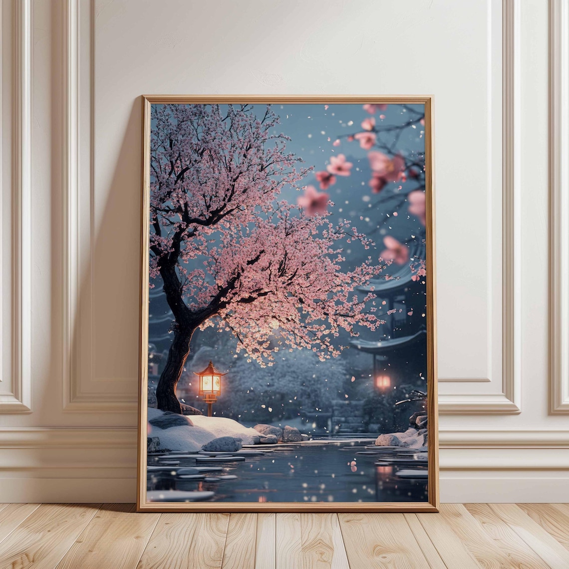Japanese Cherry Blossom, Tranquil Lantern Garden Art Print