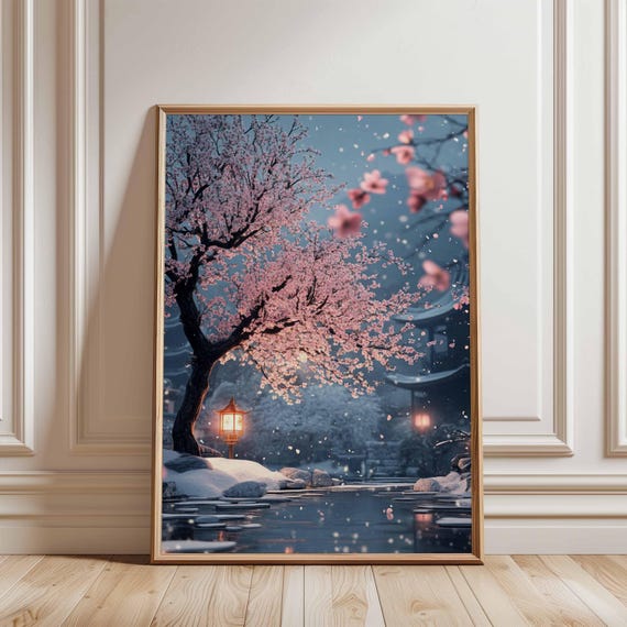 Japanese Cherry Blossom, Tranquil Lantern Garden Art Print