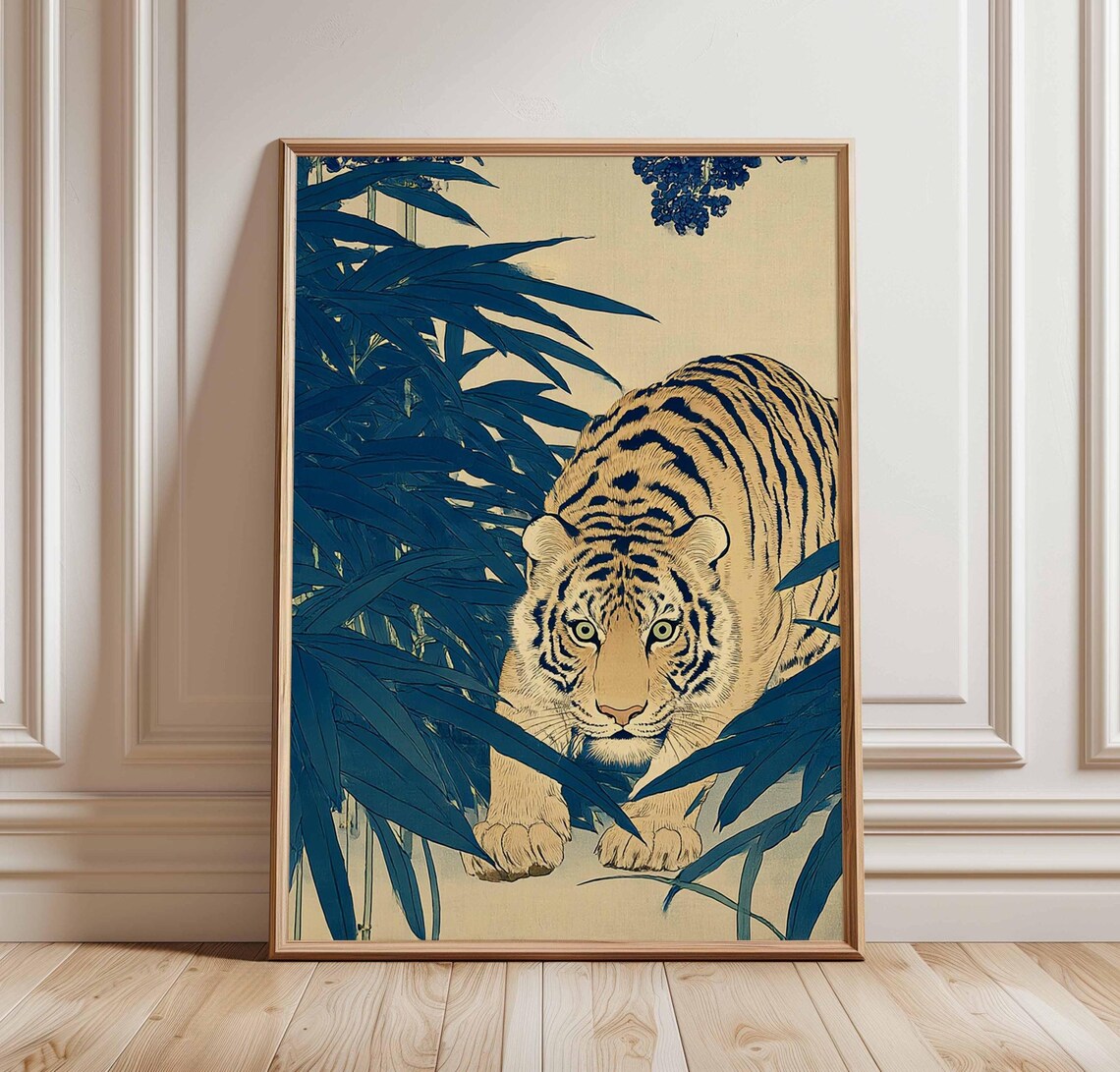Realistic Tiger In Dark Blue Bamboo Frontal Japanese Woodblock Art Poster