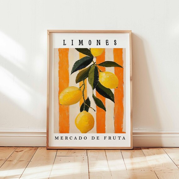 Limones Branch Lemons Bold Orange Stripe Spanish Kitchen Wall Art