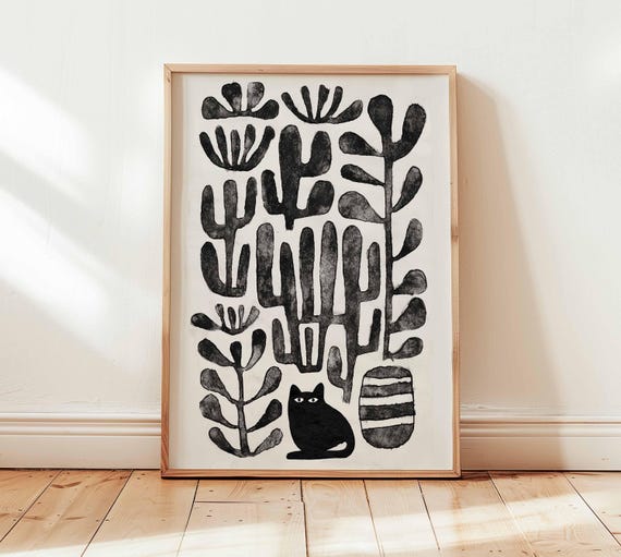 Black Cat Wall Art Print Modern Minimalist Botanical Poster Monochrome Plant Artwork Scandinavian Style And Cactus Decor