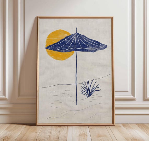 Minimalist Beach Umbrella Poster Print Modern Coastal Wall Art Abstract Summer Sun Illustration Relaxing Ocean Home Decor