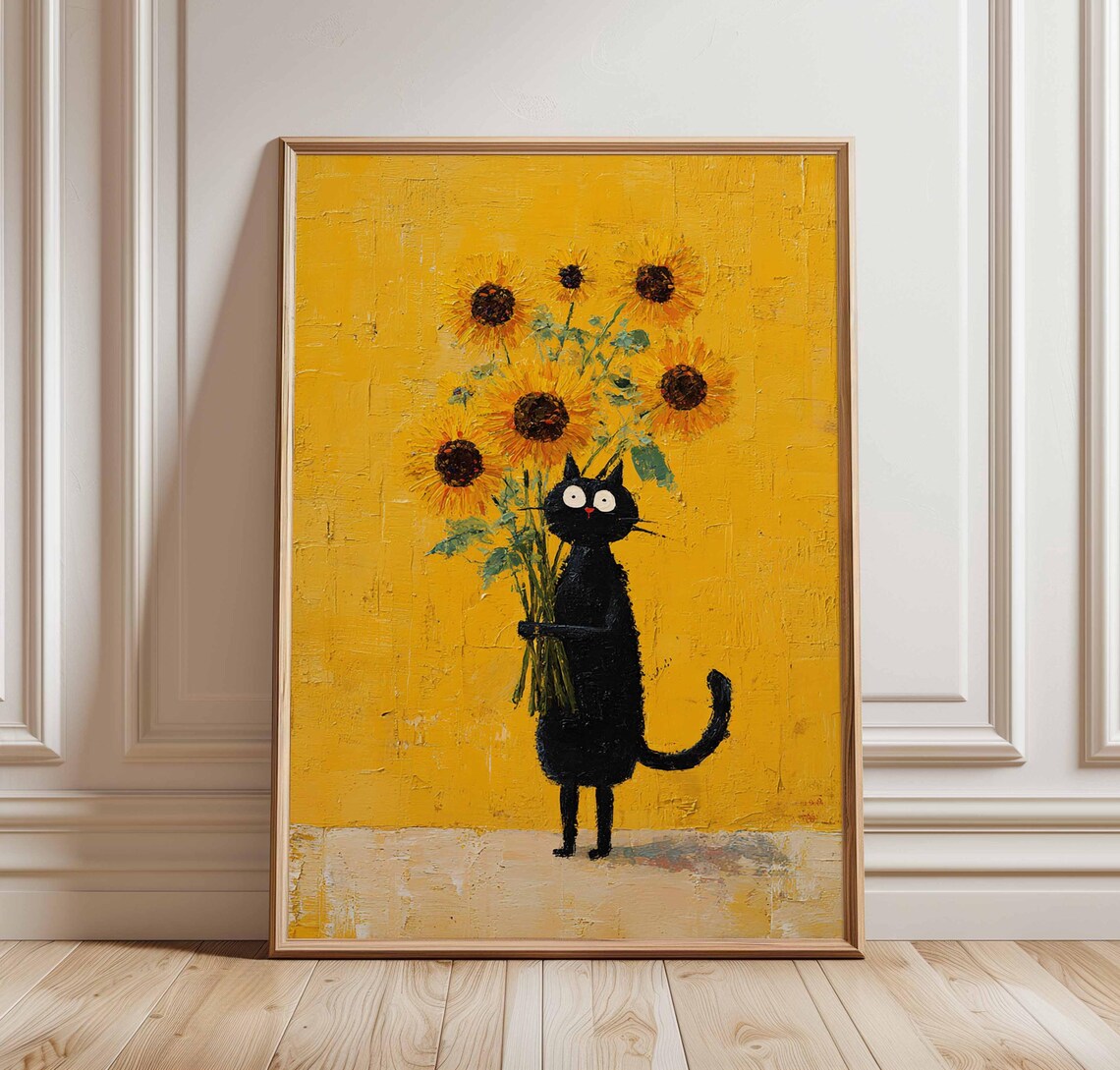 Playful Black Cat Holding Sunflowers Against Bold Yellow Background Poster