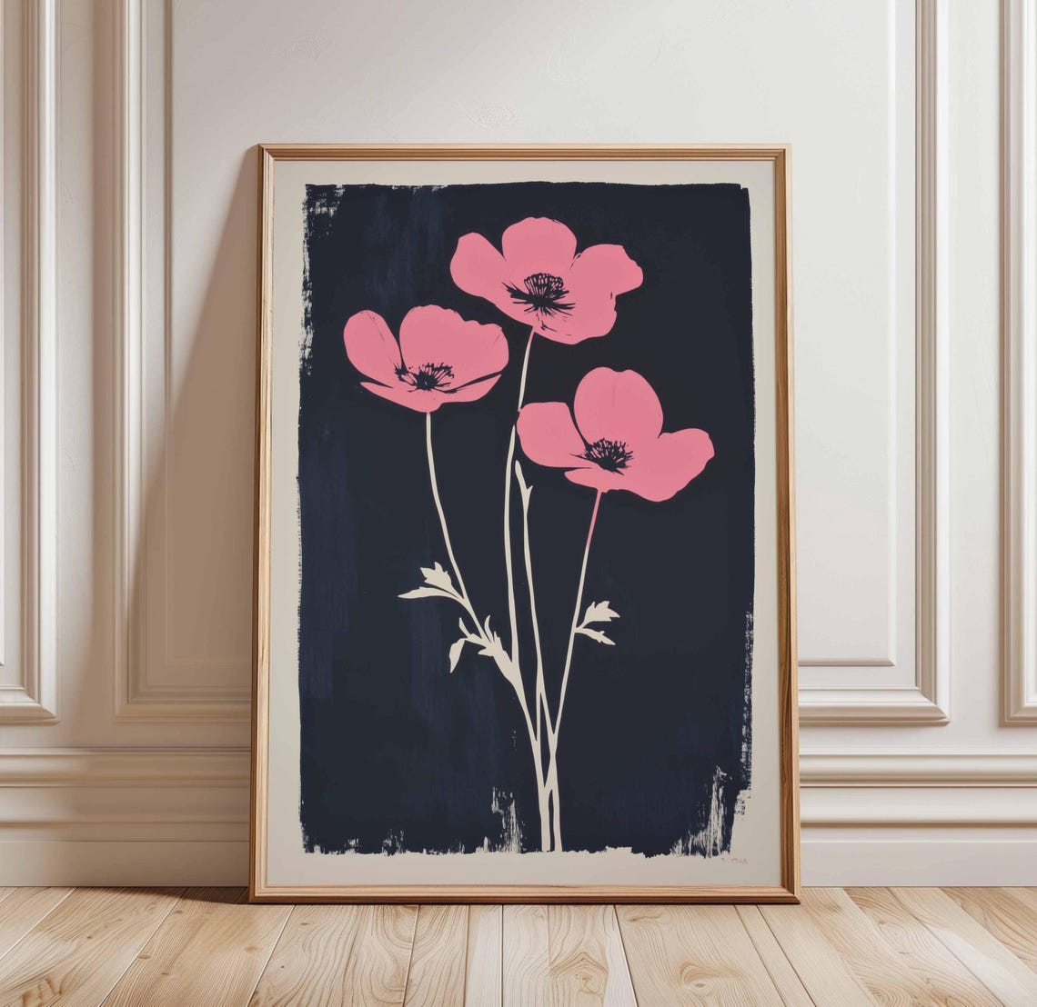 Pink Poppies On Dark Navy Background Minimalist Floral Art Poster