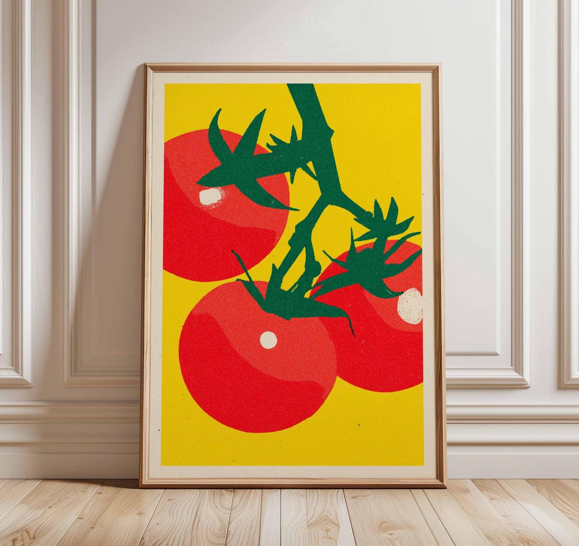 Red Tomatoes On The Vine Pop Art Kitchen Bold Yellow Decor Poster
