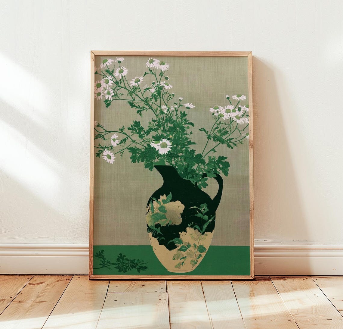 Green White Chamomile Daisies In Vintage Jug Botanical Art Poster