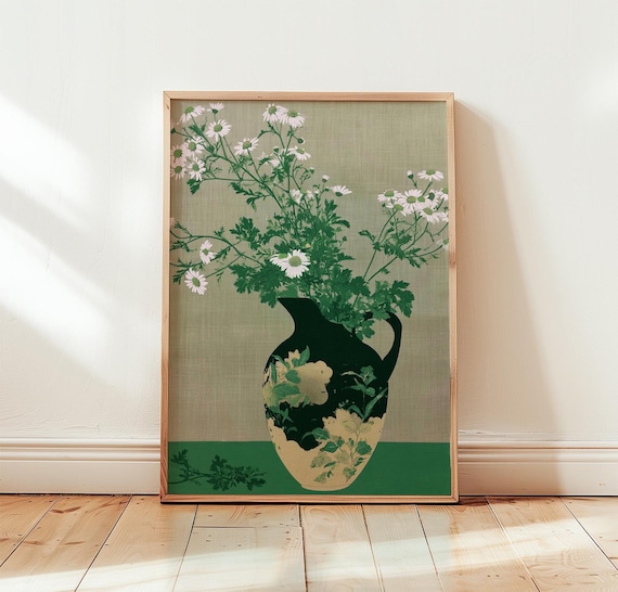 Green White Chamomile Daisies In Vintage Jug Botanical Art Poster
