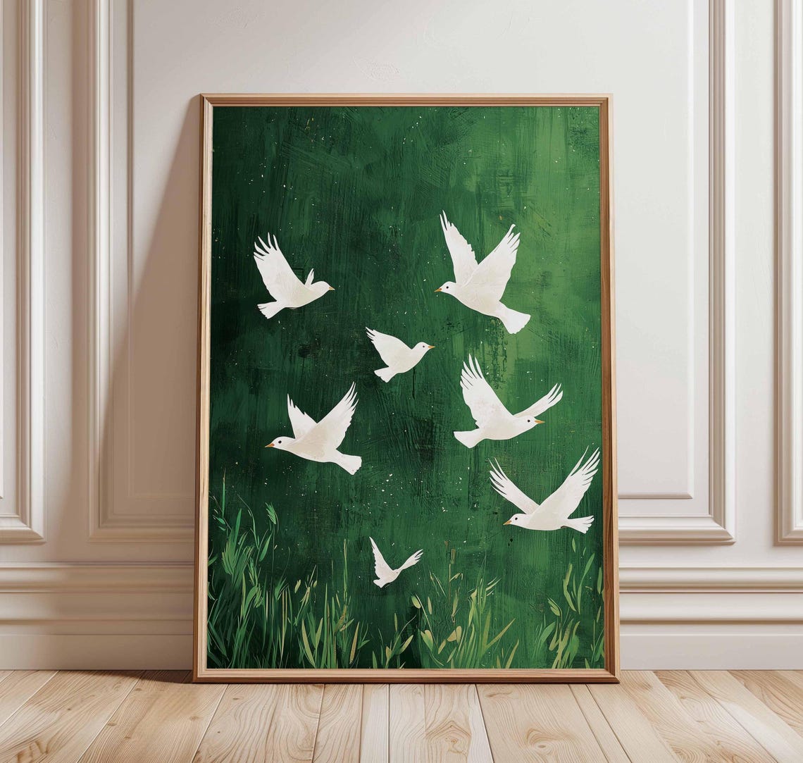 White Birds Soaring Emerald Green Painted Nature Scene Poster
